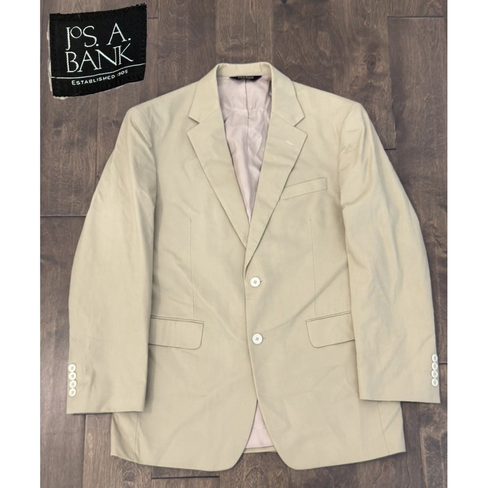 Jos A Bank Mens Beige Tan Cotton Blend 2-Button Blazer Suit Jacket Size 40R